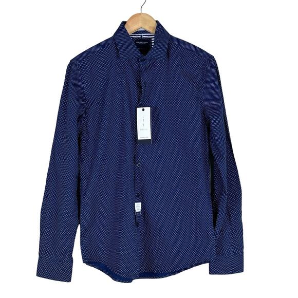NWT Denim & Flower Button Up Shirt Mens S Navy Blue Cotton Polka Dot Preppy - Picture 1 of 5